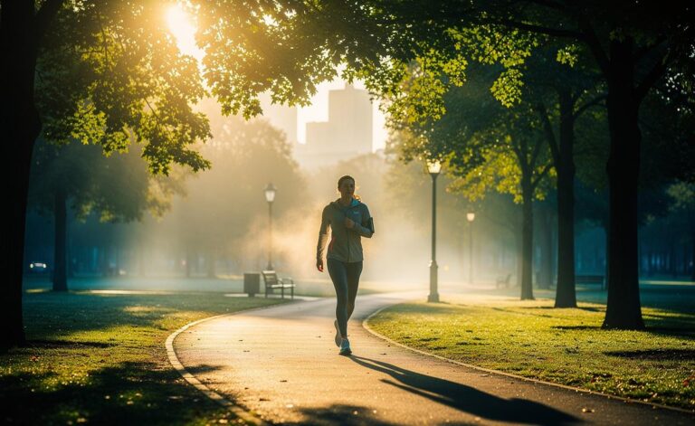 Illustration of a person walking in a park at dawn