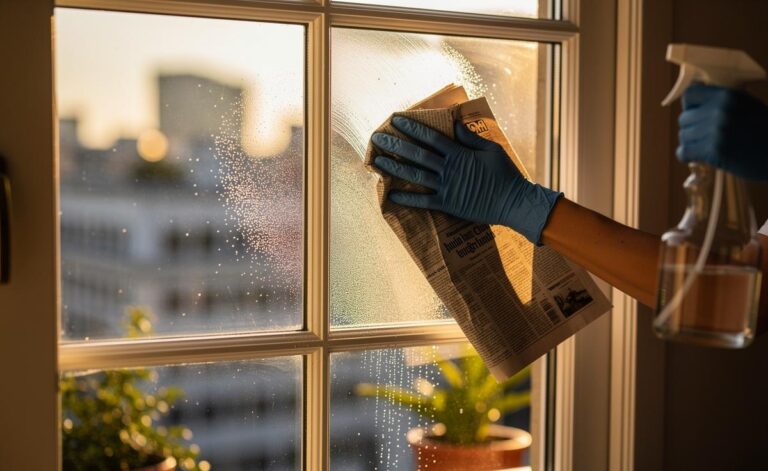 Illustration of cleaning a window with white vinegar and crumpled newspaper for a streak-free polish