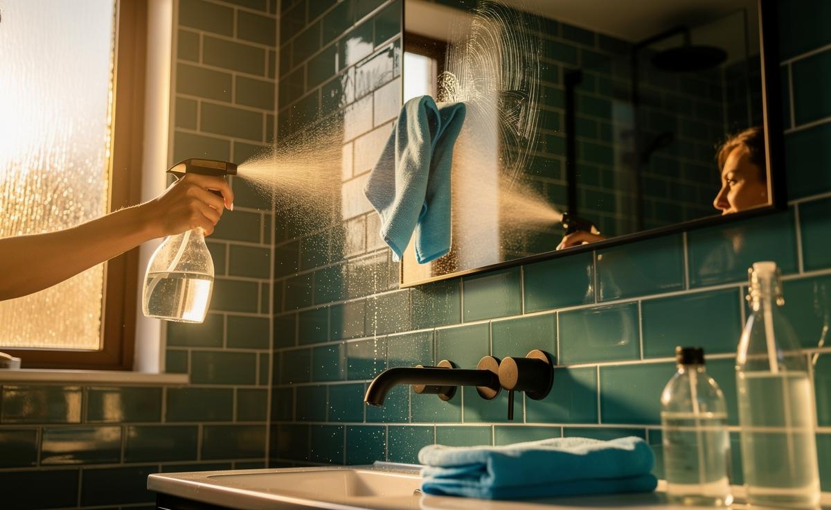 Illustration of a person cleaning a bathroom mirror with a microfiber cloth and a fine-mist spray bottle containing a 1:1 distilled white vinegar and distilled water solution, leaving a streak-free finish