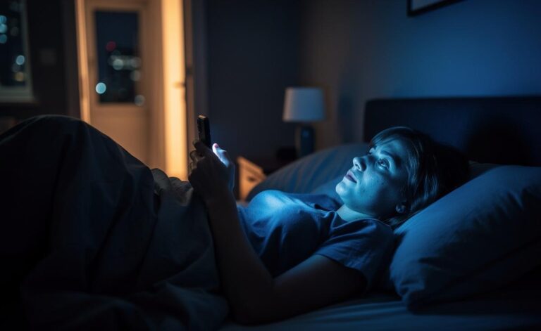 Illustration of a person scrolling on a smartphone in bed at night, the screen’s blue light disrupting sleep.