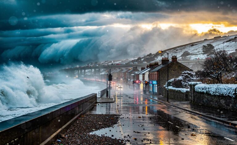 Illustration of an unprecedented UK winter weather alert highlighting regional risks—flooding, gales, snow, and freezing fog—driven by El Niño and jet stream shifts