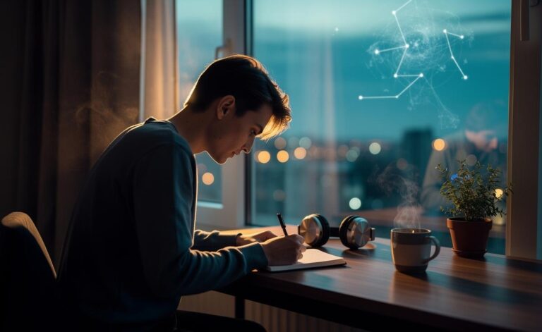 Illustration of an introvert reflecting in a quiet environment, symbolising psychological insights into introversion