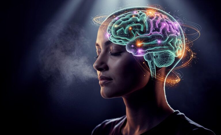 Illustration of the brain during meditation, showing Default Mode Network quieting, amygdala calming, and heightened attention networks