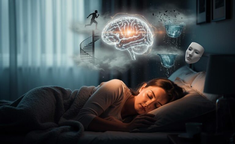 Illustration of the psychology of dreaming, REM sleep, and what dreams may reveal