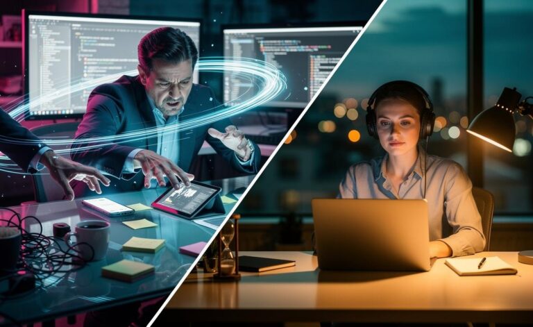 Illustration of why you should stop multitasking, highlighting the cognitive cost of task switching and productivity experts’ strategies for focused, deep work