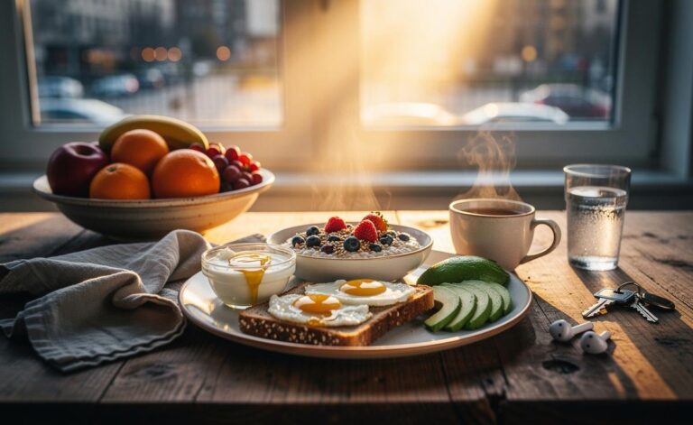 Illustration of a balanced breakfast with protein, fibre, and healthy fats—porridge with berries, eggs on wholegrain toast, and a cup of tea—supporting a healthy start to the day