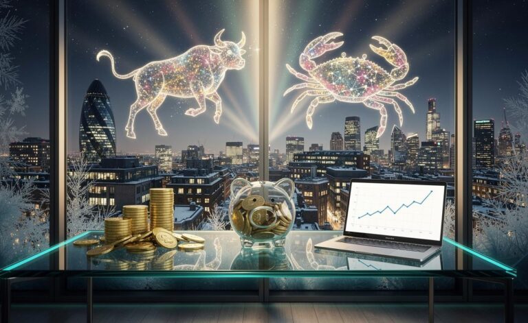Illustration of Taurus and Cancer discovering financial bliss beginning on 10 January 2026