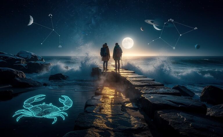 Illustration of Cancer and Pisces embarking on a fortuitous journey starting 10 January 2026, under Jupiter, Saturn, and Pluto transits