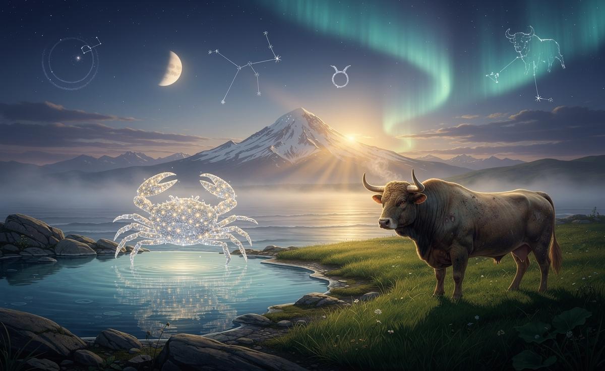 Illustration of Cancer and Taurus finding joy and fulfilment on 11 January 2026 under the Sun in Capricorn, Jupiter in Cancer, and Uranus in Taurus