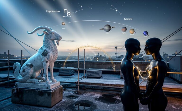 Illustration of the zodiac signs Capricorn and Gemini navigating a transformational period starting on 10 January 2026
