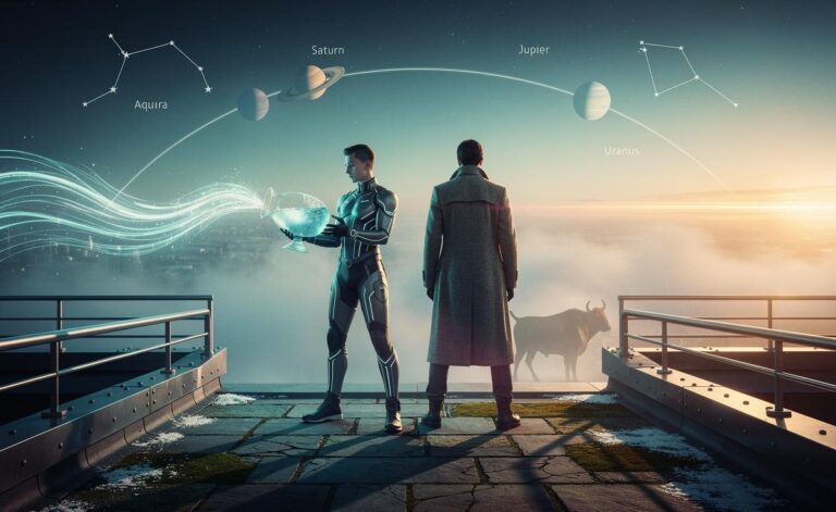 Illustration of Aquarius and Taurus preparing for major astrological changes on 14 January 2026