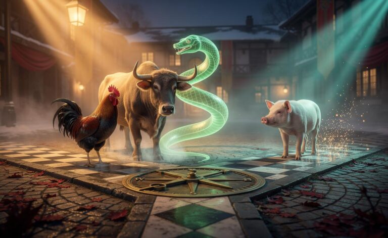 Illustration of the Pig, Rooster, and Ox Chinese zodiac signs experiencing major life changes on 6 January 2026