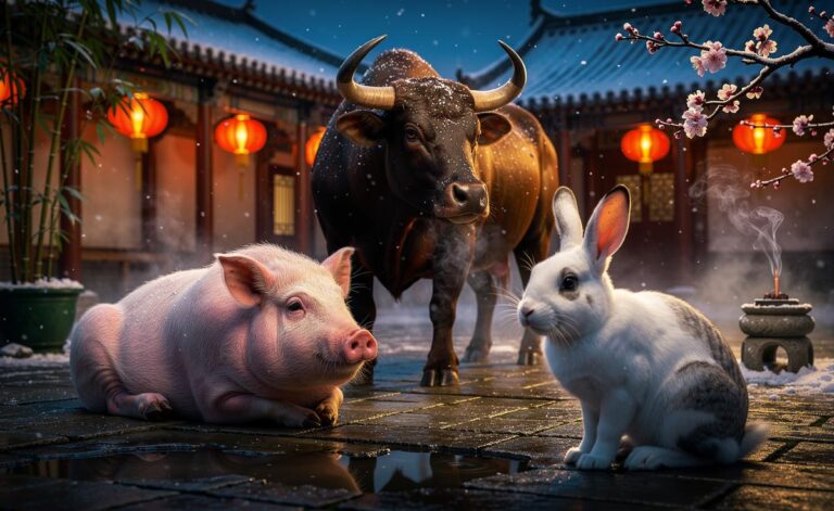 Illustration of the Rabbit, Ox, and Pig Chinese zodiac signs symbolising harmony and peace on 6 January 2026