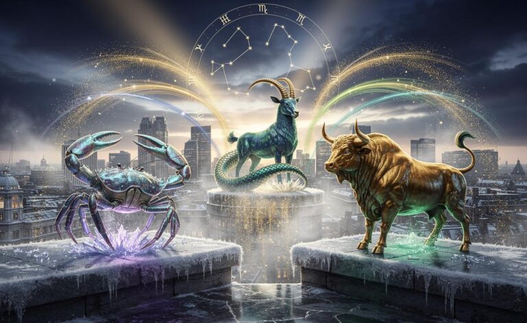 Illustration of three zodiac signs—Cancer, Capricorn, and Taurus—attracting unprecedented luck and success on 9 January 2026