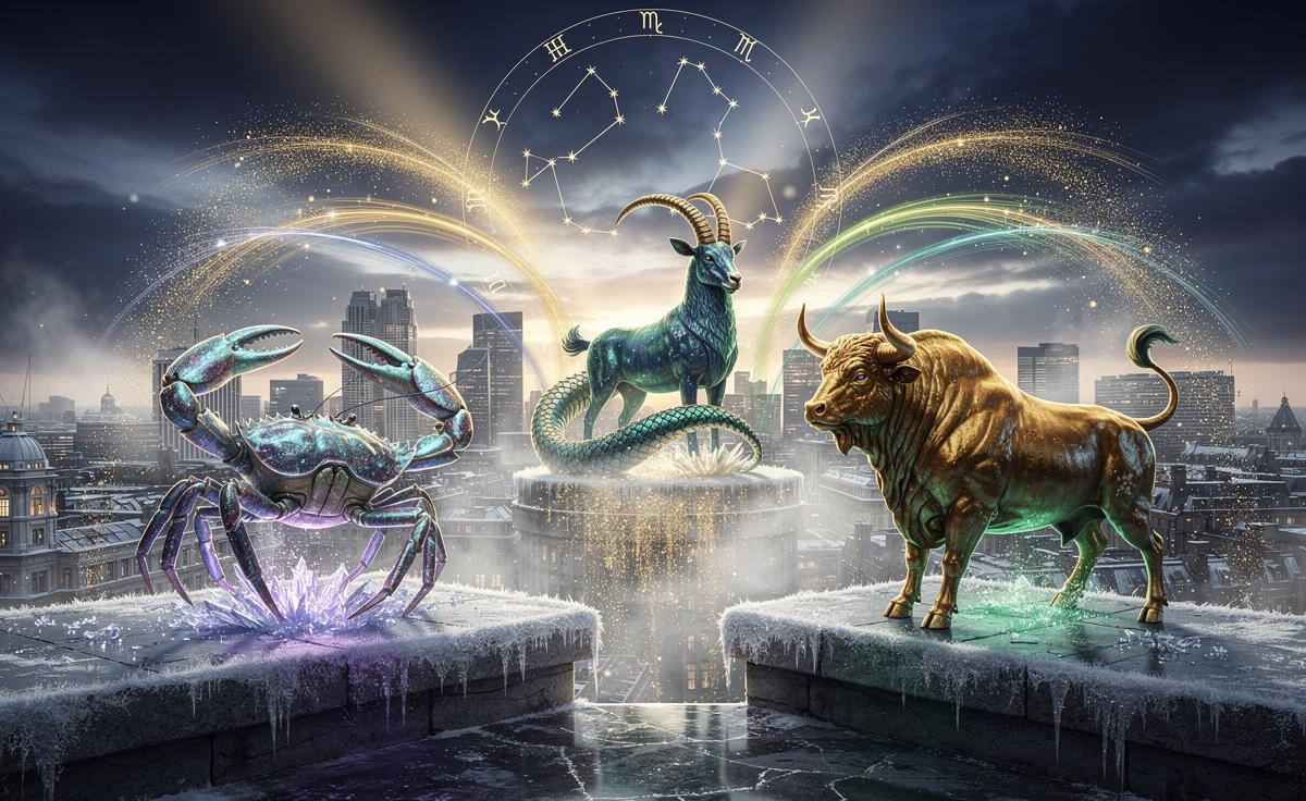 Illustration of three zodiac signs—Cancer, Capricorn, and Taurus—attracting unprecedented luck and success on 9 January 2026