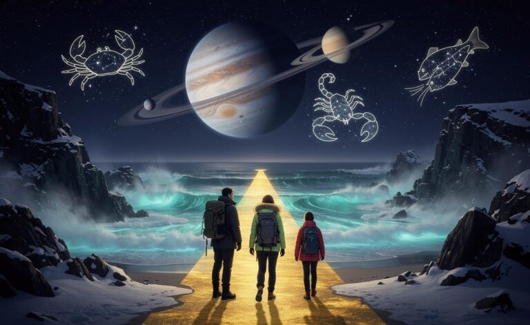 Illustration of Cancer, Scorpio and Pisces beginning a fortunate journey under Jupiter in Cancer and Saturn in Aries on 12 January 2026