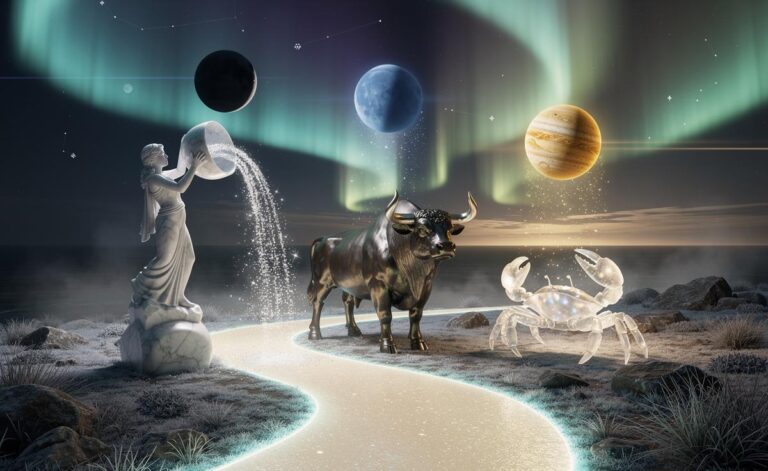 Illustration of Aquarius, Taurus, and Cancer beginning a new journey of transformation on 17 January 2026 under Pluto in Aquarius, Uranus in Taurus, and Jupiter in Cancer