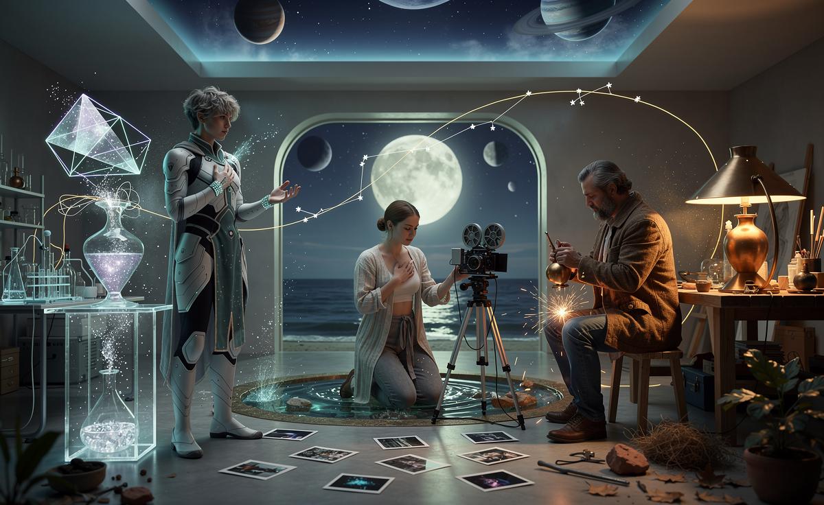 Illustration of Aquarius, Cancer, and Taurus capturing creative genius from now through 18 February 2026