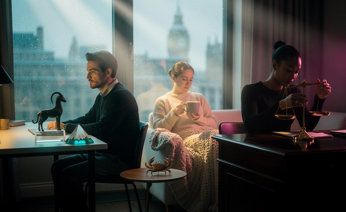 Illustration of three zodiac signs—Capricorn, Cancer, and Libra—confronting an emotional challenge on January 15, 2026