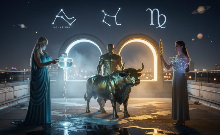 Illustration of Aquarius, Taurus, and Virgo confronting major life changes on January 11, 2026