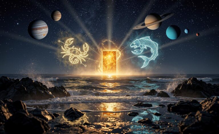 Illustration of Cancer, Scorpio, and Pisces entering a fortunate new phase on 14 January 2026, with celestial symbols reflecting Jupiter in Cancer, Saturn in Aries, Uranus in Taurus, and Pluto in Aquarius