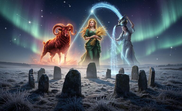 Illustration of the zodiac signs Aries, Virgo, and Aquarius experiencing an energy shift on January 6, 2026