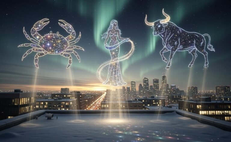 Illustration of three zodiac signs—Cancer, Aquarius, and Taurus—feeling supported by fate on 1 January 2026