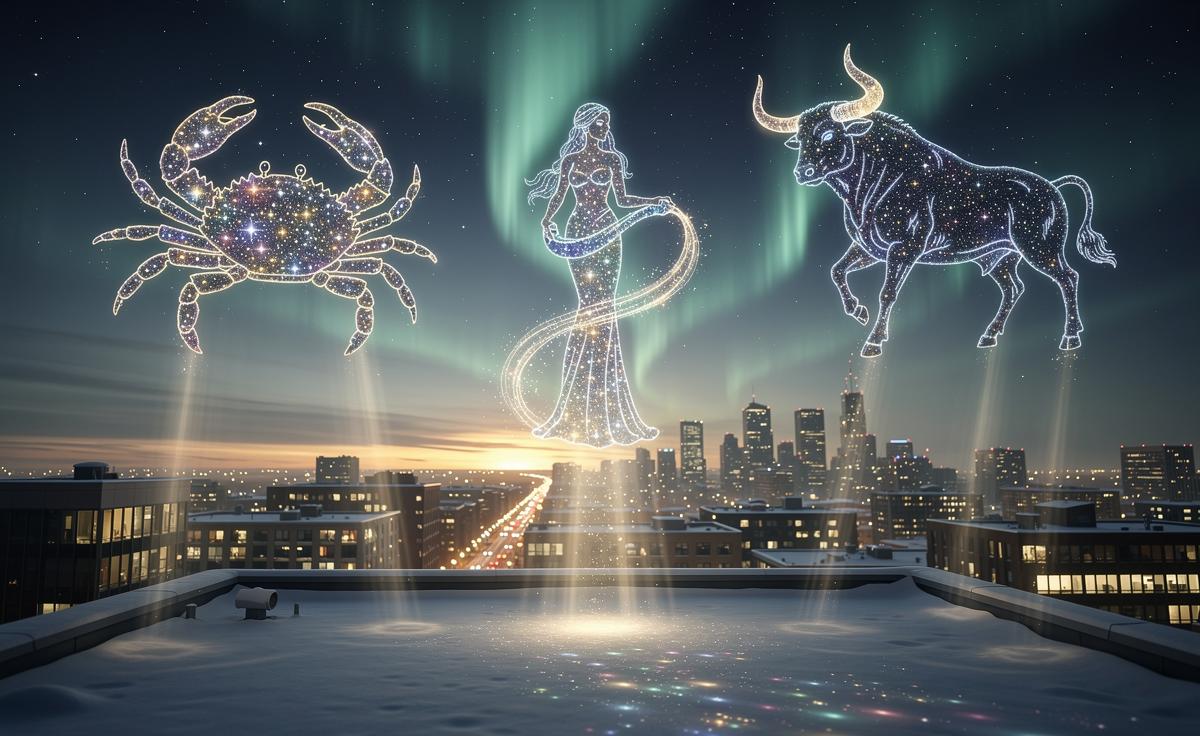 Illustration of three zodiac signs—Cancer, Aquarius, and Taurus—feeling supported by fate on 1 January 2026