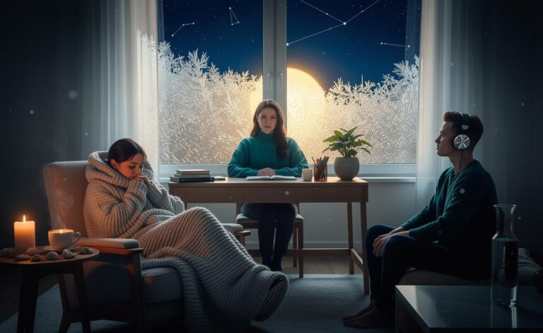 Illustration of three zodiac signs—Cancer, Virgo, and Aquarius—finding profound inner peace on 7 January 2026 under the Capricorn Sun