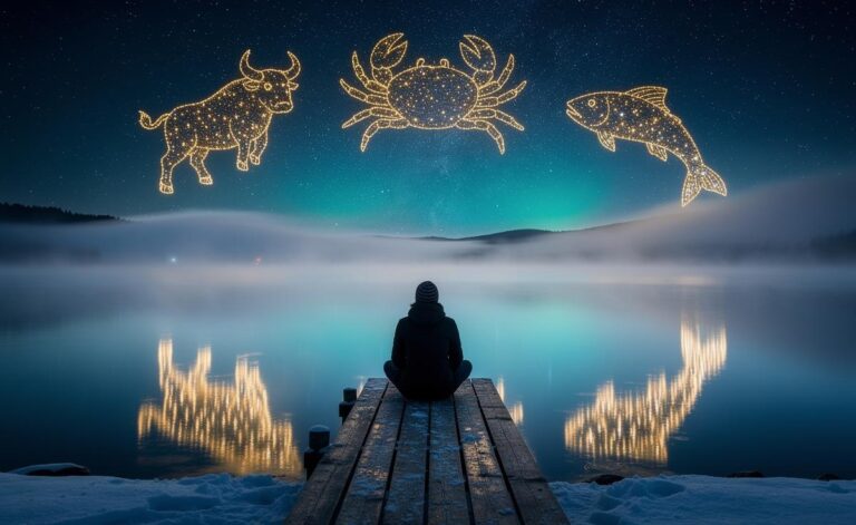 Illustration of the zodiac signs Taurus, Cancer, and Pisces finding strength in stillness on January 4, 2026