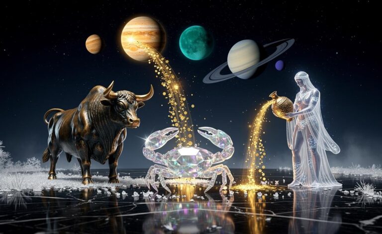 Illustration of Taurus, Cancer, and Aquarius manifesting prosperity from 8 January 2026 under favourable transits—Jupiter in Cancer, Saturn in Aries, Uranus in Taurus, and Pluto in Aquarius