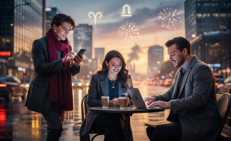 Illustration of Aries, Libra, and Capricorn receiving encouraging news—career offers, relationship resets, and funding approvals—on 1 January 2026