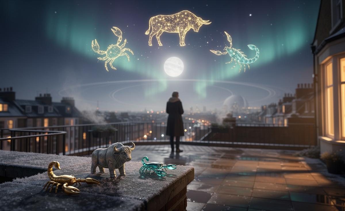 Illustration of three zodiac signs—Cancer, Scorpio, and Taurus—beginning a fortunate astrological cycle on January 7, 2026