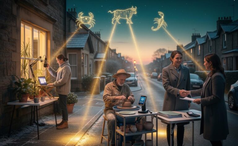 Illustration of three zodiac signs—Cancer, Taurus, and Scorpio—stepping into a significant phase of abundance on January 10, 2026