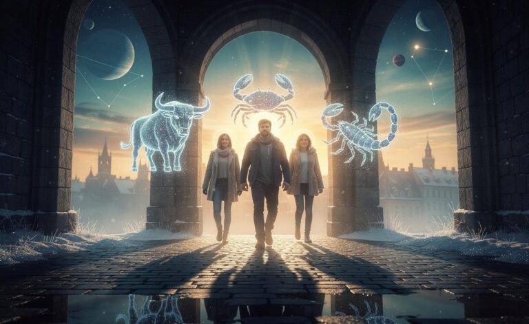 Illustration of three zodiac signs—Taurus, Cancer, and Scorpio—stepping out of survival mode on 1 January 2026