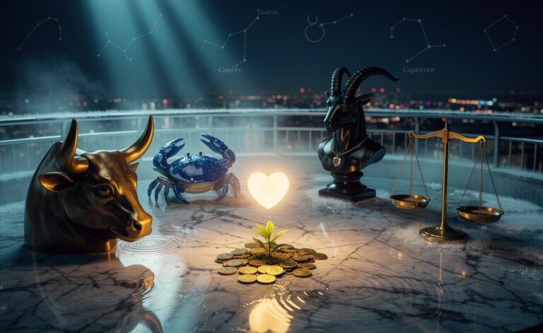 Illustration of four zodiac signs—Taurus, Cancer, Libra, and Capricorn—attracting love and prosperity on 6 January 2026