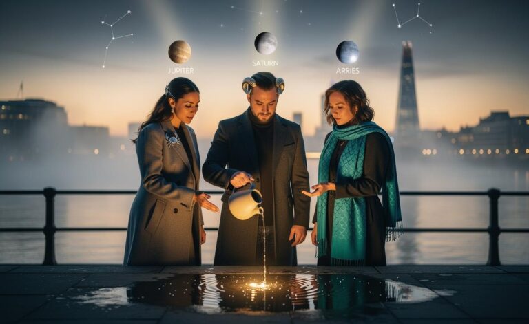 Illustration of the four zodiac signs—Cancer, Aries, Pisces, and Aquarius—attracting support and guidance on 1 January 2026 under Jupiter in Cancer, Saturn in Aries, and Pluto in Aquarius