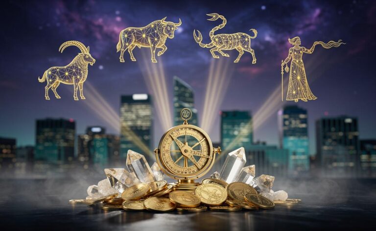 Illustration of the four zodiac signs—Capricorn, Taurus, Scorpio, and Aquarius—attracting wealth and prosperity from 9 January 2026