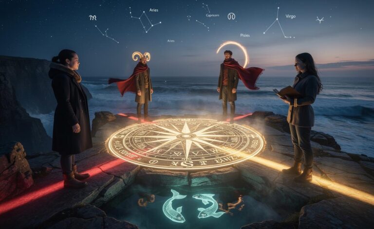 Illustration of four zodiac signs — Capricorn, Aries, Virgo and Pisces — beginning a journey of self-discovery on 13 January 2026