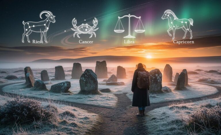 Illustration of four zodiac signs—Aries, Cancer, Libra, and Capricorn—embarking on a new journey on 6 January 2026