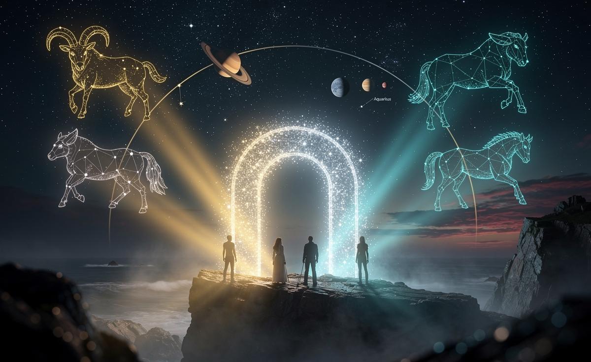 Illustration of four zodiac signs—Aries, Cancer, Aquarius, and Pisces—beginning a transformative journey on 11 January 2026