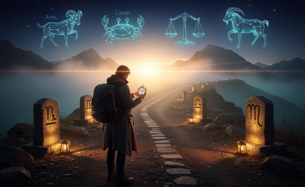 Illustration of four zodiac signs—Aries, Cancer, Libra, and Capricorn—beginning a transformative journey on 9 January 2026