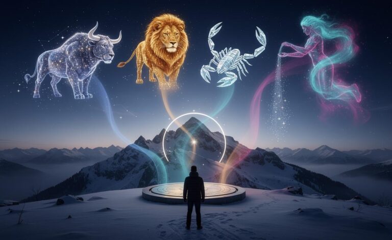 Illustration of the four zodiac signs Taurus, Leo, Scorpio, and Aquarius embracing transformative energy on 16 January 2026