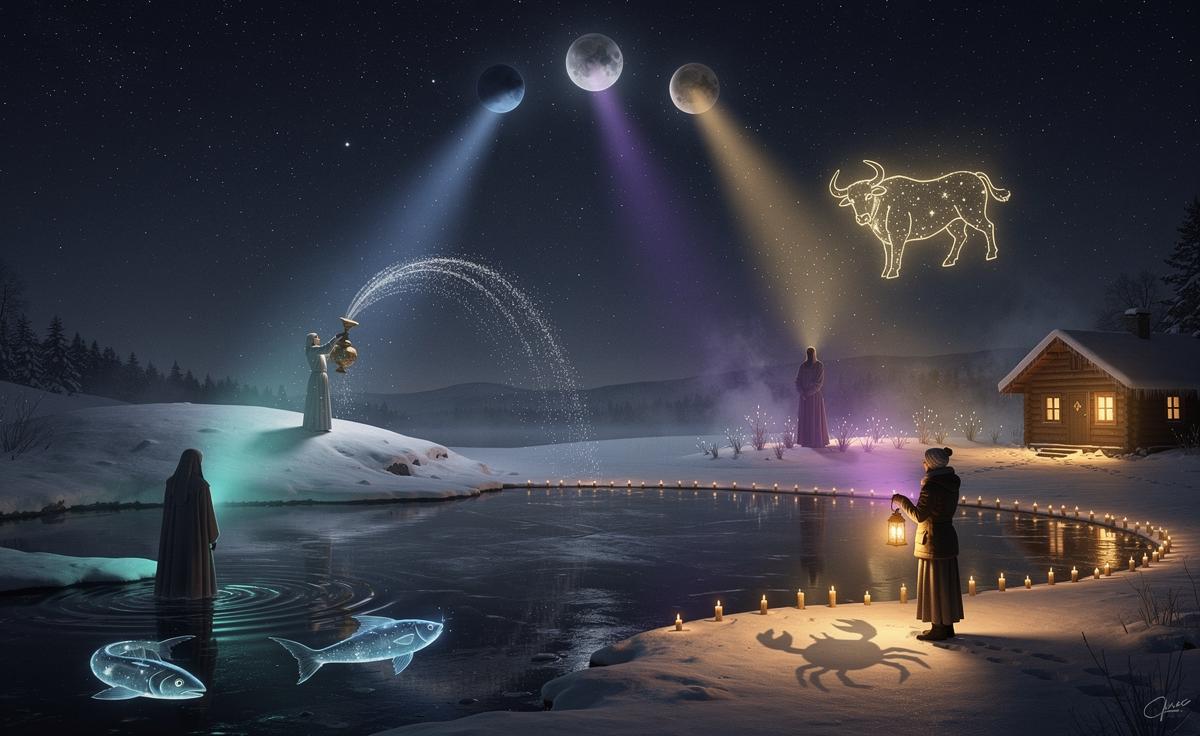 Illustration of four zodiac signs—Pisces, Cancer, Aquarius, and Taurus—experiencing a spiritual awakening on 6 January 2026