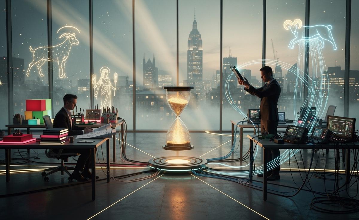 Illustration of four zodiac signs, Capricorn, Aries, Virgo, and Aquarius, experiencing productive breakthroughs on 3 January 2026