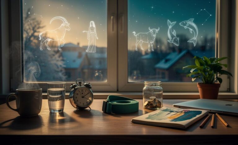 Illustration of four zodiac signs—Capricorn, Virgo, Taurus, and Pisces—experiencing quiet wins on January 2, 2026