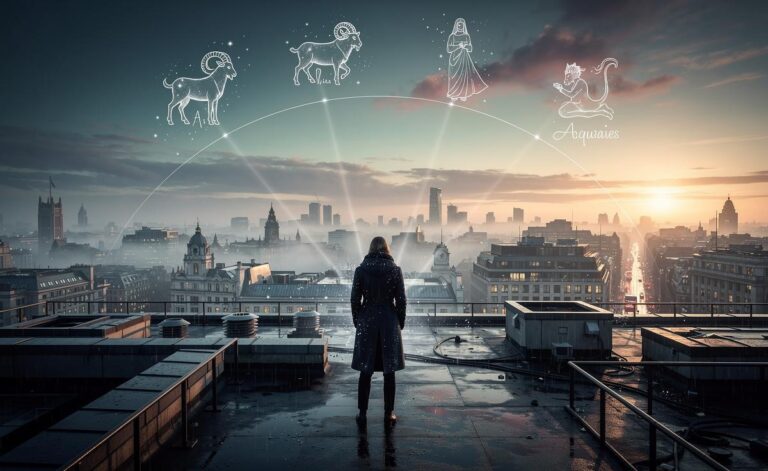 Illustration of four zodiac signs—Capricorn, Aries, Virgo, and Aquarius—feeling aligned with their future on 1 January 2026