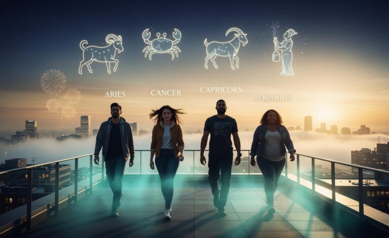 Illustration of four zodiac signs (Aries, Cancer, Capricorn, and Aquarius) feeling renewed motivation on January 1, 2026