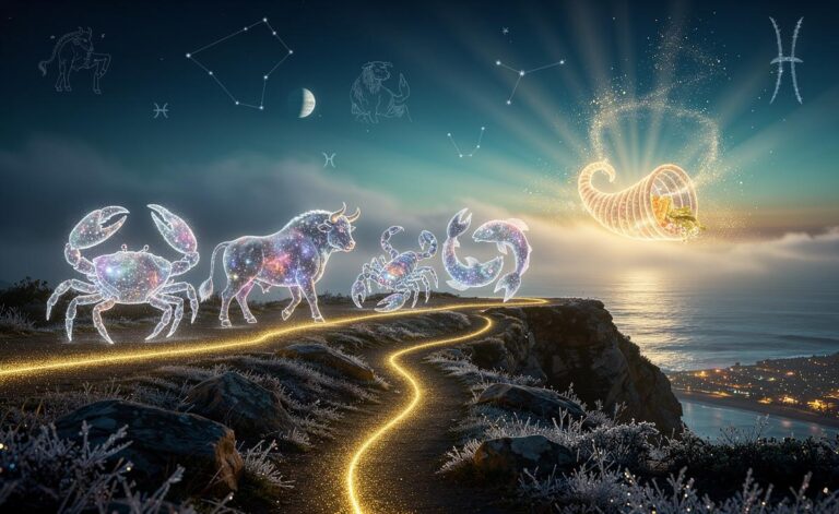 Illustration of [four zodiac signs—Cancer, Taurus, Scorpio, and Pisces—marching toward abundance on 16 January 2026]