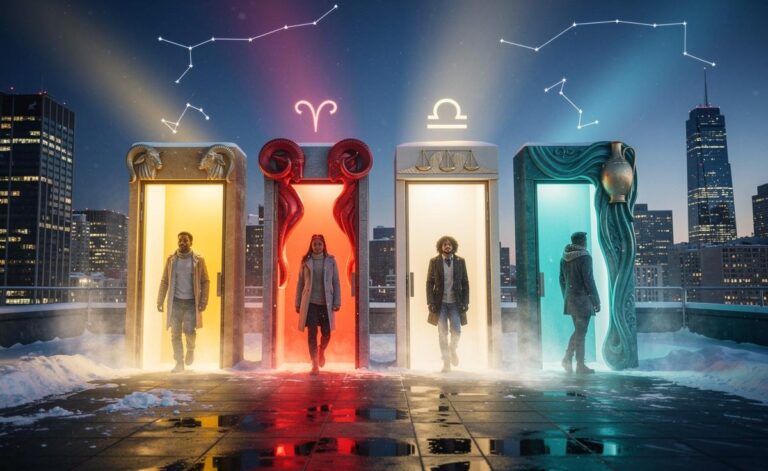 Illustration of four zodiac signs—Capricorn, Aries, Libra, and Aquarius—stepping into a new chapter of life on January 16, 2026